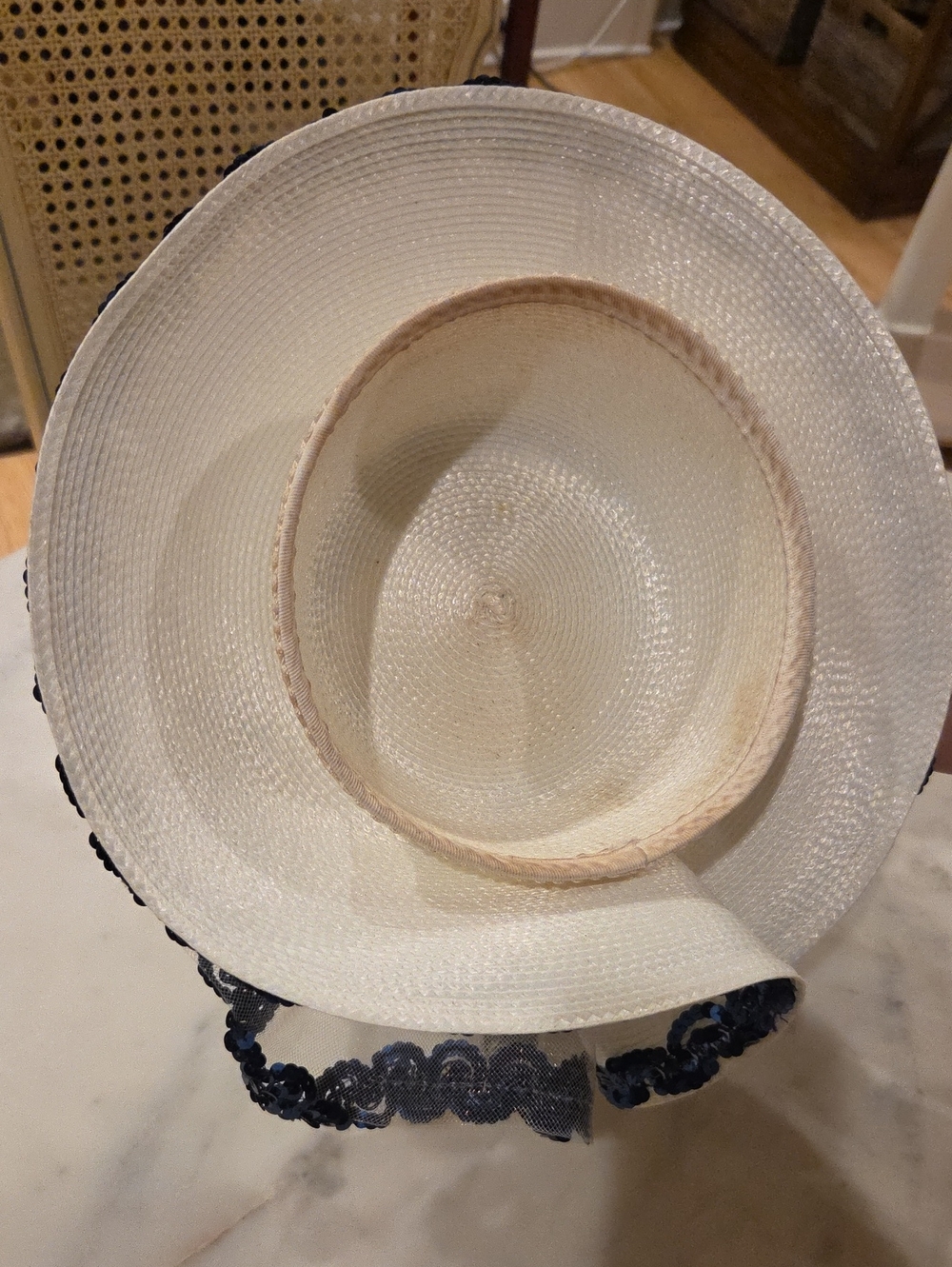 Vintage Kentucky Derby - Navy Sequin Trim White Straw Hat - Women's Accessories - Picture 3 of 3